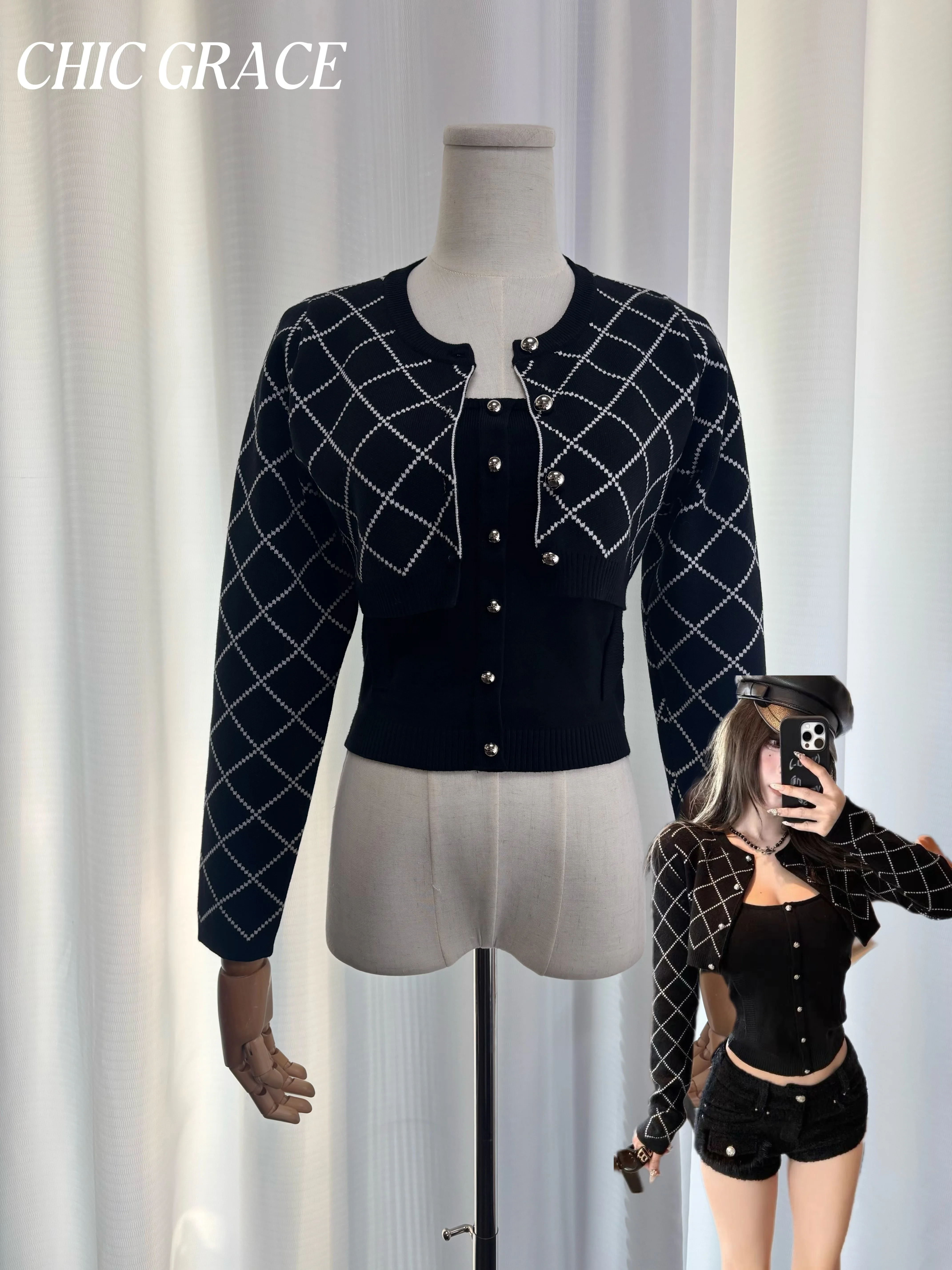 

Y2K Spice Girl Argyle клетчатый вязаный кардиган, комплект из 2 предметов, женская осенне-зимняя облегающая укороченная верхняя одежда + бретелька Niche Chic St