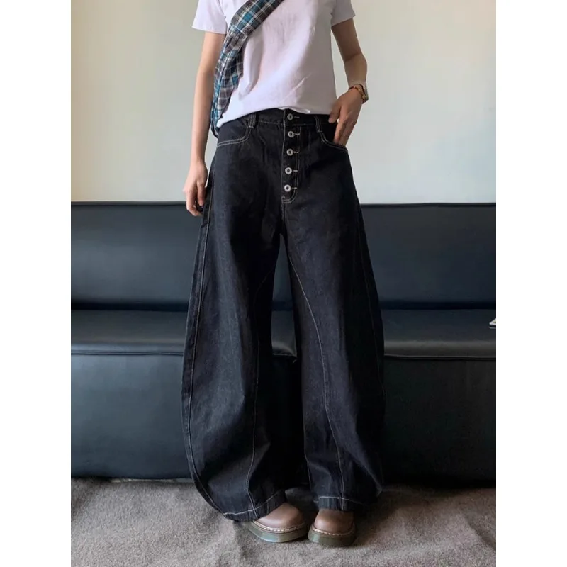 

Black Bootcut Jeans Flared Denim Pants Y2K Streetwear Hip Hop Harajuku Vintage Washed Retro Buckle Button Loose Straight