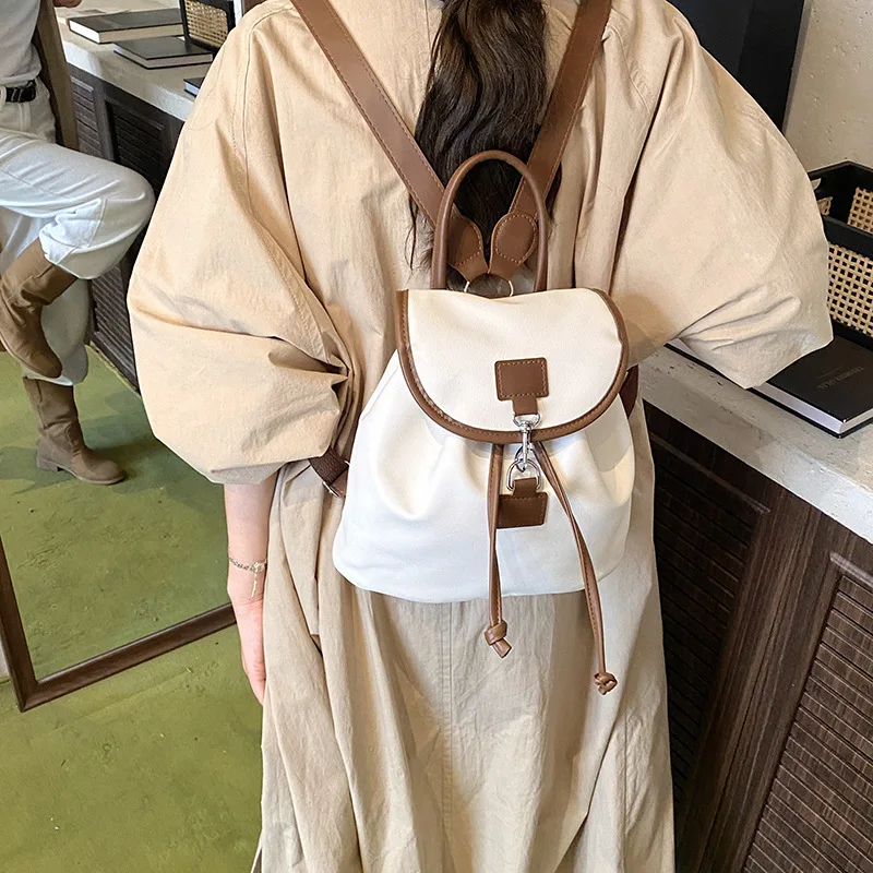 Women Mini Drawstring Backpack, Vintage Denim Texture Small Daypack, Faux Leather Trim Flap Shoulder Bag Casual Travel