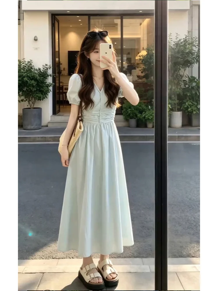 

Blue V-neck Puffy Sleeve Waist-cinching Summer Dress Women's A-line Midi Dress Casual Style High Waist Polyester Fiber