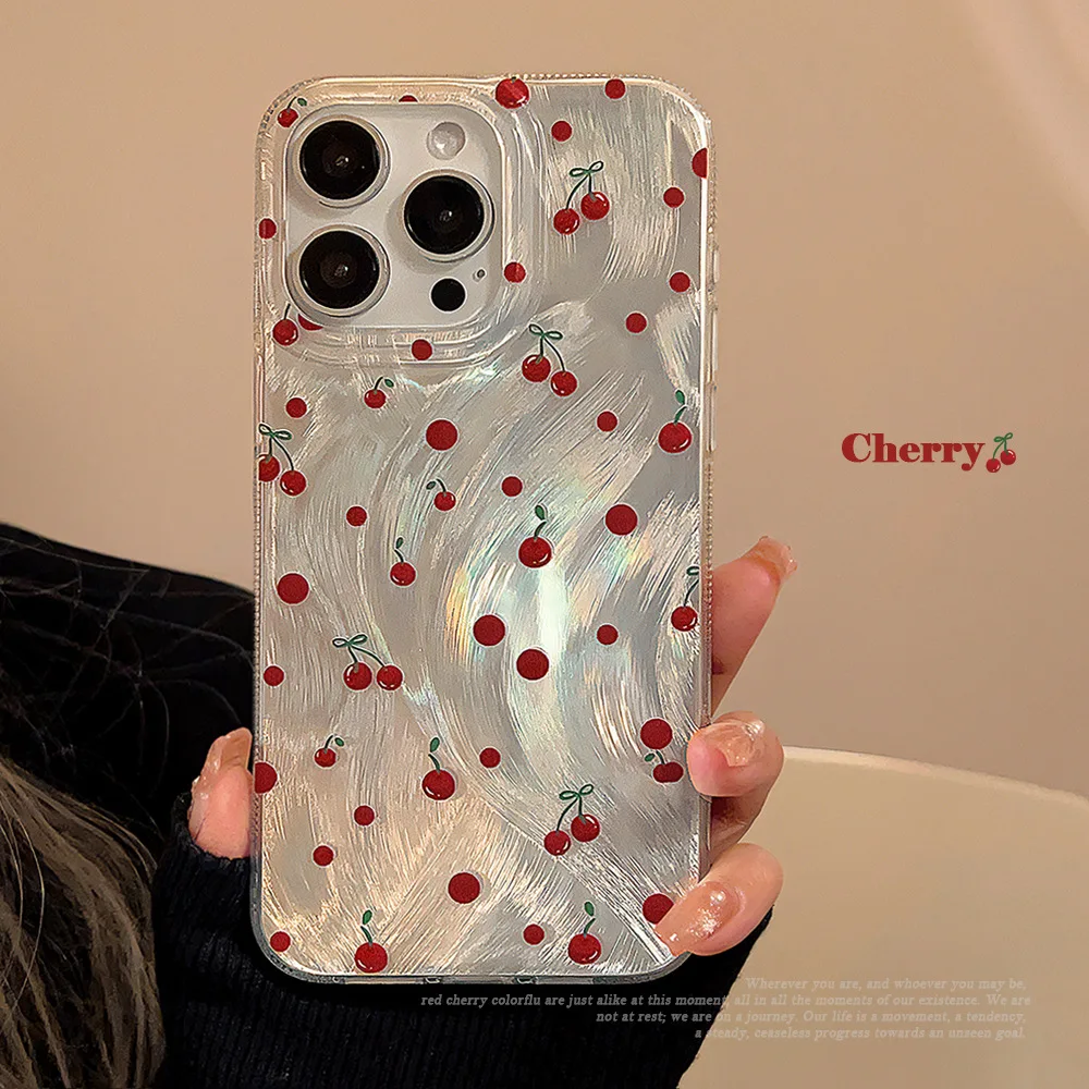 

Luxury Laser Silver Cheery Phone Case For iPhone 11 Cases iPhone 13 14 11 12 15 16 Pro Max XR X XS 7 8 Plus SE2 Shockproof Cover