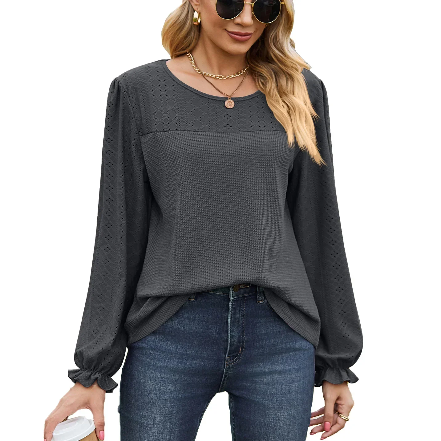 Women Long Sleeve Loose Casual T-shirt Tops for Spring, Autumn Round Neck Solid