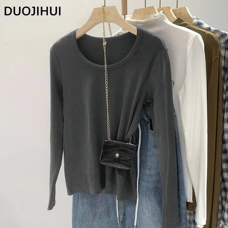 

DUOJIHUI Autumn Dark Grey Loose Basic O-neck Women T-shirts Classic Pure Color Long Sleeve Fashion Simple Casual Female T-shirts