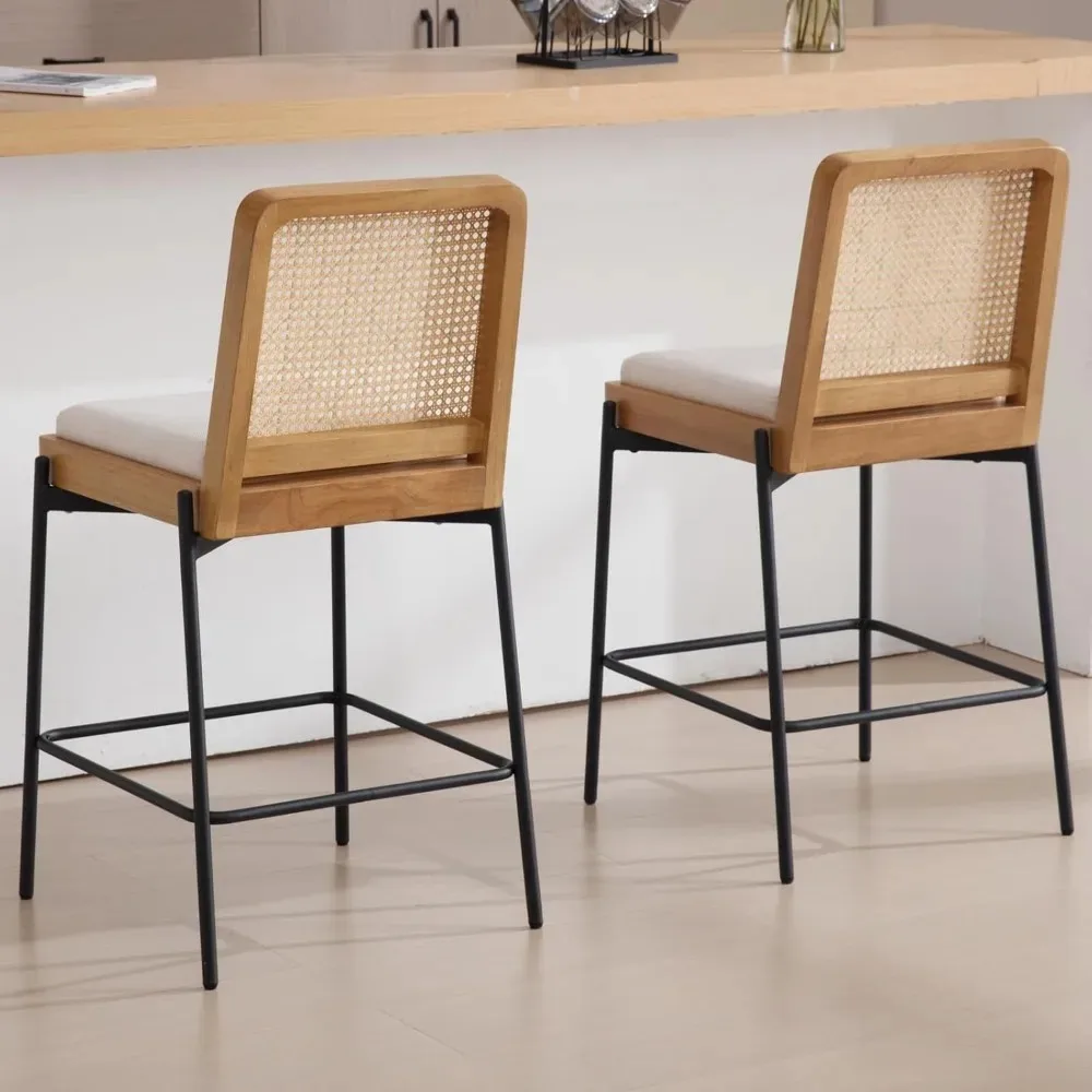 モダンなバースツール 2 個セット、カウンター高さ 26 インチ スツール、籐バック付き、リネン布張りのキッチンアイランドチェアバースツール、w
