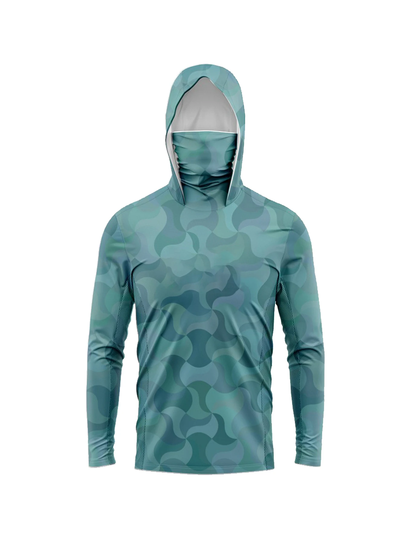 Dark Cyan Terrain Line Camo Men Fishing Hooded Shirt Built-in Face Cover UPF50+ Sun Protection Quick-Dry Long Sleeve Tops view 3