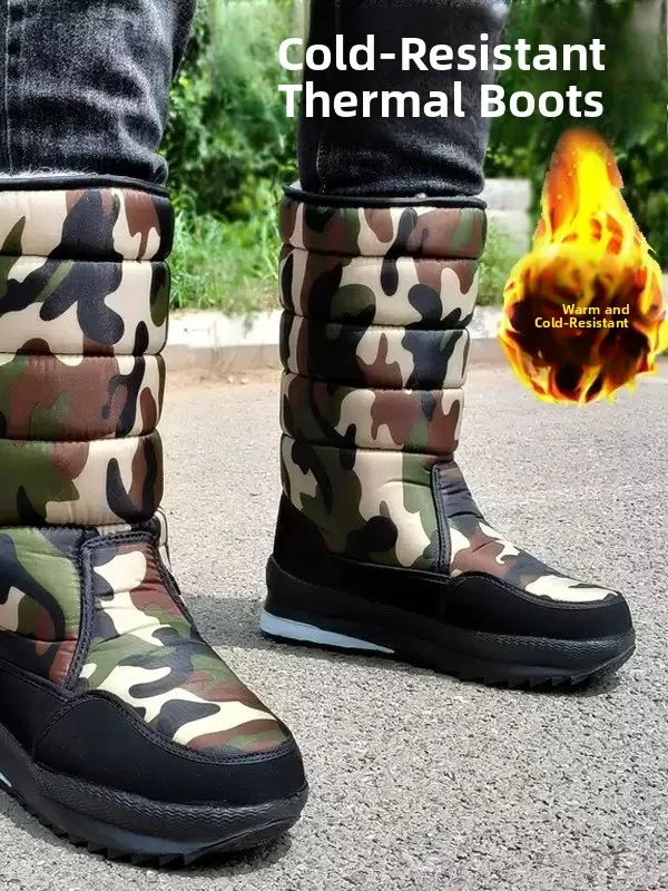 

Men's Winter Thiened Snow Boots High-Tube Warm Cotton oes Lightweight Anti-Slip Fce Lined Camouflage Outdoor Boots