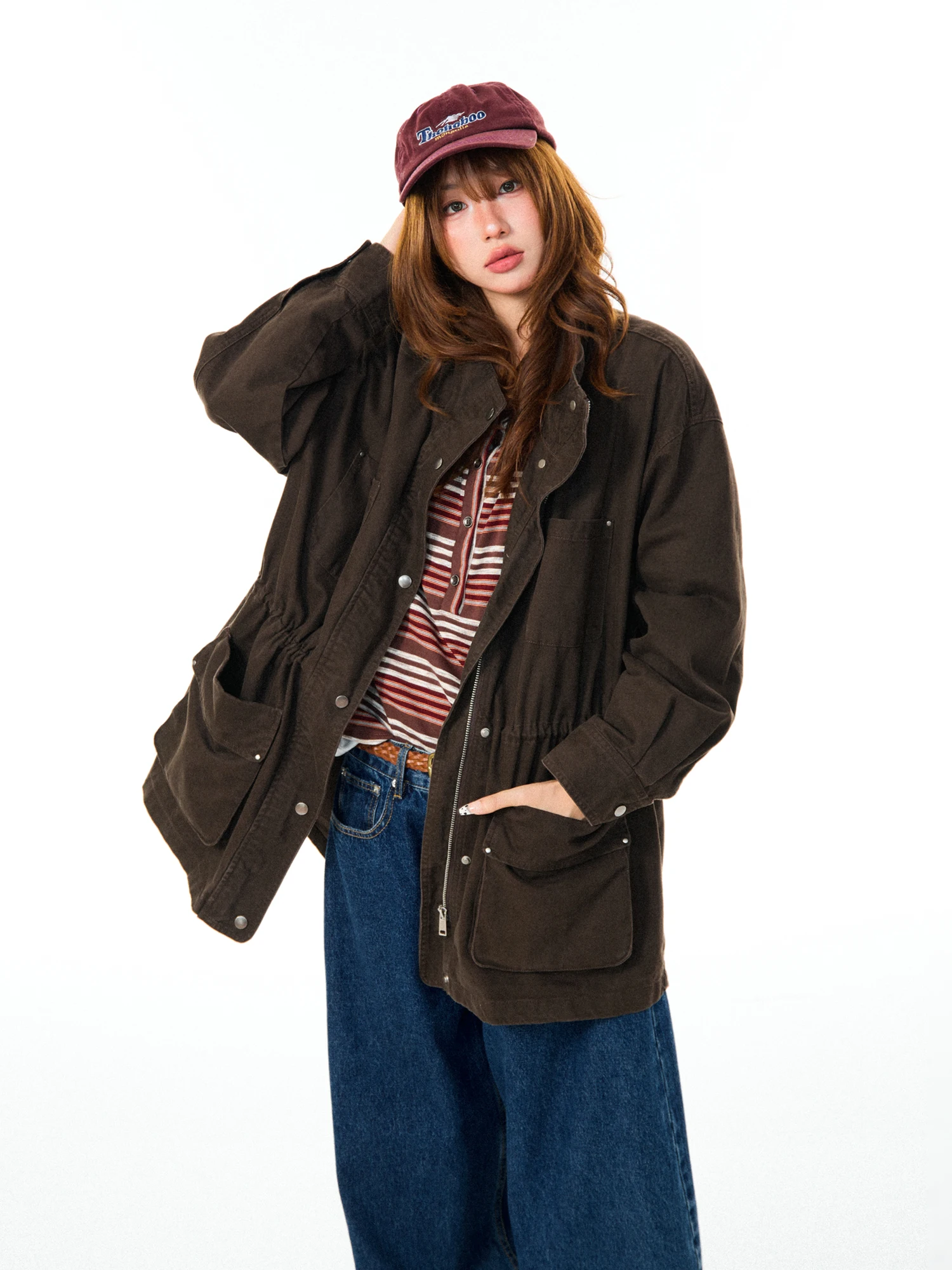Young Stage Women's Casual Workwear Jacket Autumn Loose Fit Stand Collar Multi Pocket Fashionable Cotton Long Sleeve Coat