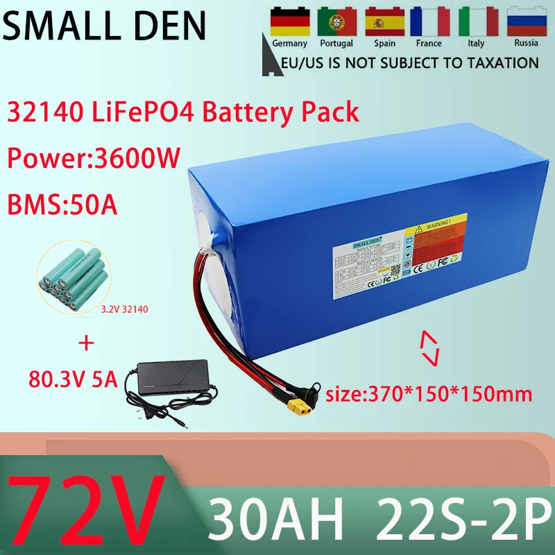 72V 30Ah 32140 22S2P LiFePO4 Battery Pack 3600W Power Tool Batteries Outdoor Backup Batteries With 50A BMS+80.3V 5A charger