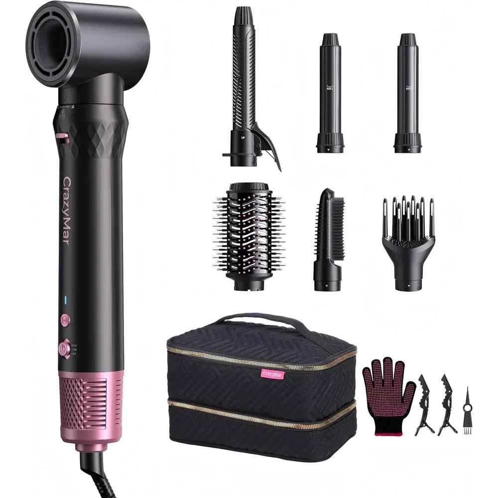 Dryer & Curling Styling Tool - No Heat Damage, Wrap, Curl, Volumize, Straighten (Black/Pink)