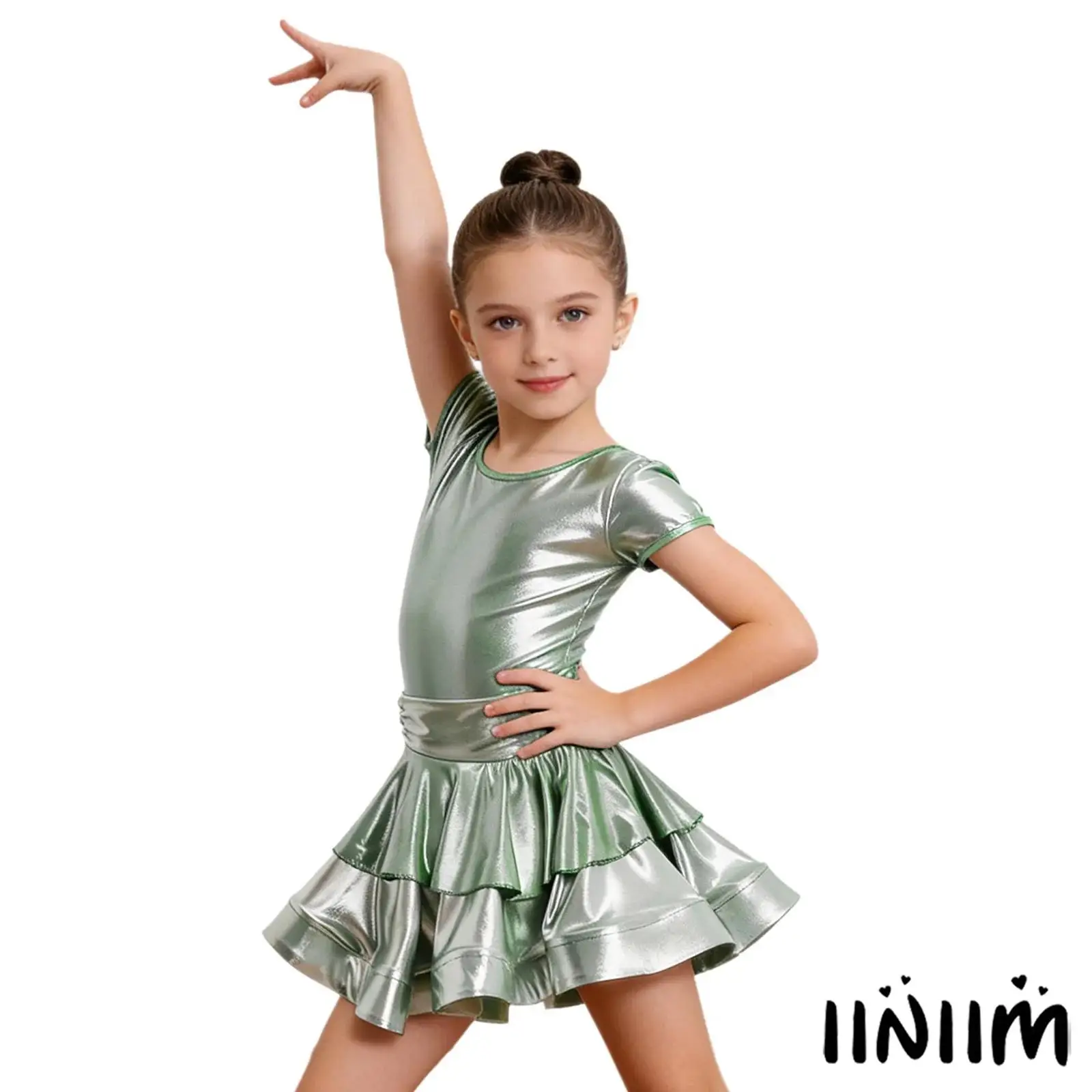 

Child Girls Latin Dance Dress Costume Cap Sleeves Tiered Ruffles Metallic Dress with Built In Shorts Lyrical Ballet Dance Dress
