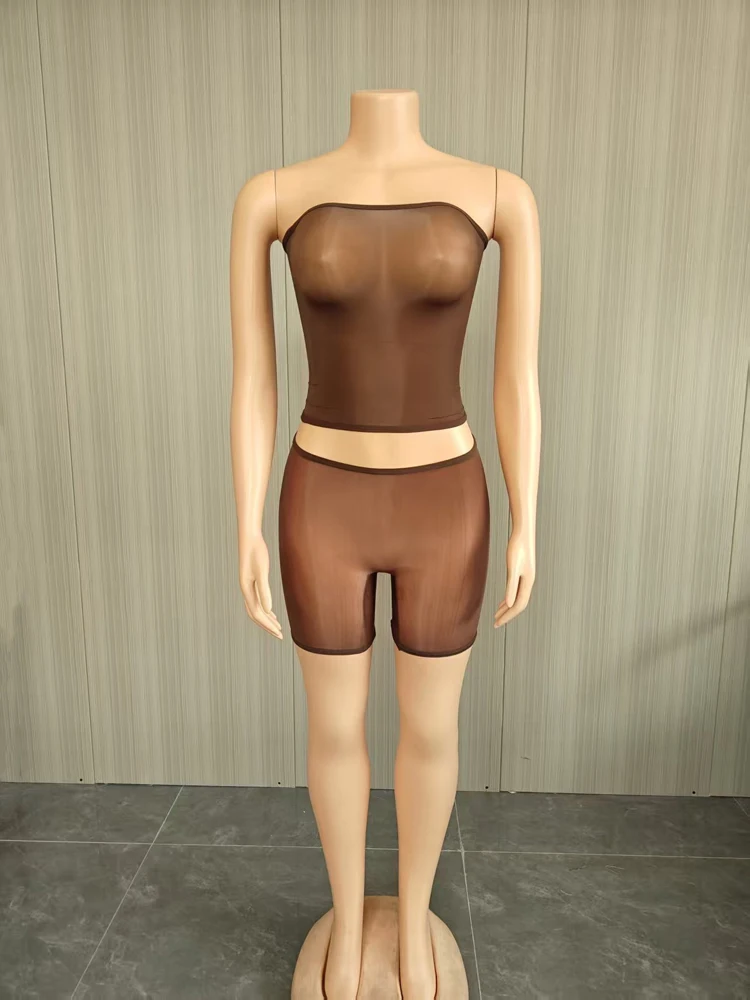 2026 Damen Boutique Trendige Mode 2-teilige Sets Heiße Sexy Trägerlose Mesh Crop Tops Mini Shorts Set Mitternachts-Party Club Outfits – Detail 9