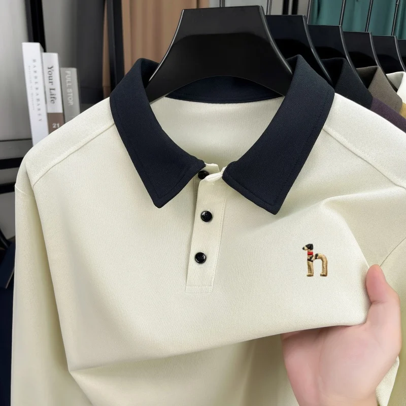 Fashion cartoon dog embroidery long sleeve polo shirt autumn new color blocked high quality brand men's business casual T-shirt