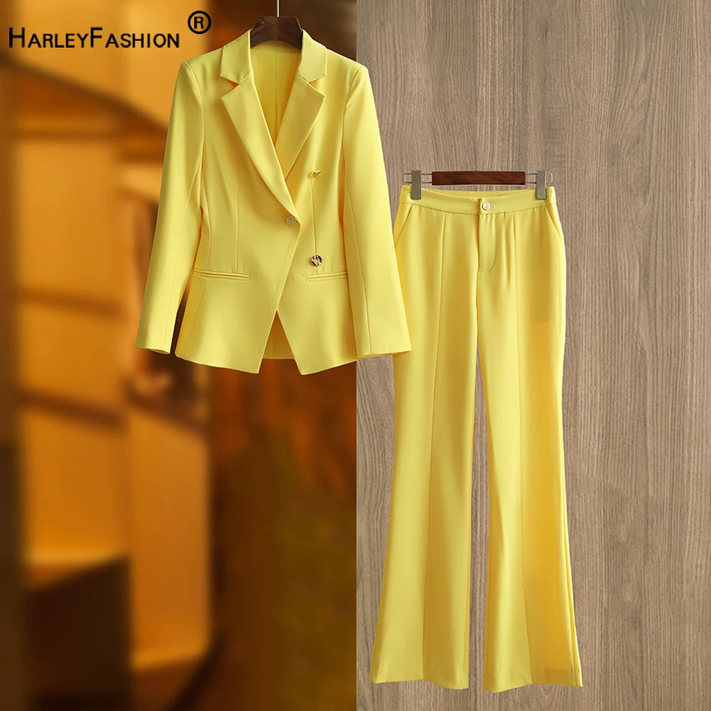 Spring Fresh Yellow Women Suits Luxurious Stylish 2PCs Blazer Pants Sets High Street Outstanding Collection Female Clothing