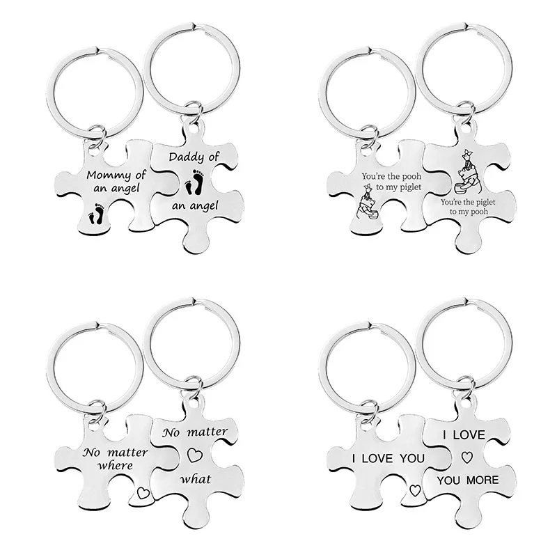 2Pcs/Set Letters Engraved Stainless Steel Keychains Couples Key Ring Puzzle Pendant Jewelry Gift For Valentine\'s Day