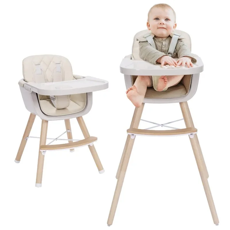 3 Wooden High Chair,Baby High Chair with Adjustable Legs & Dishwasher Safe Tray, Made of Sleek Hardwood & Premium