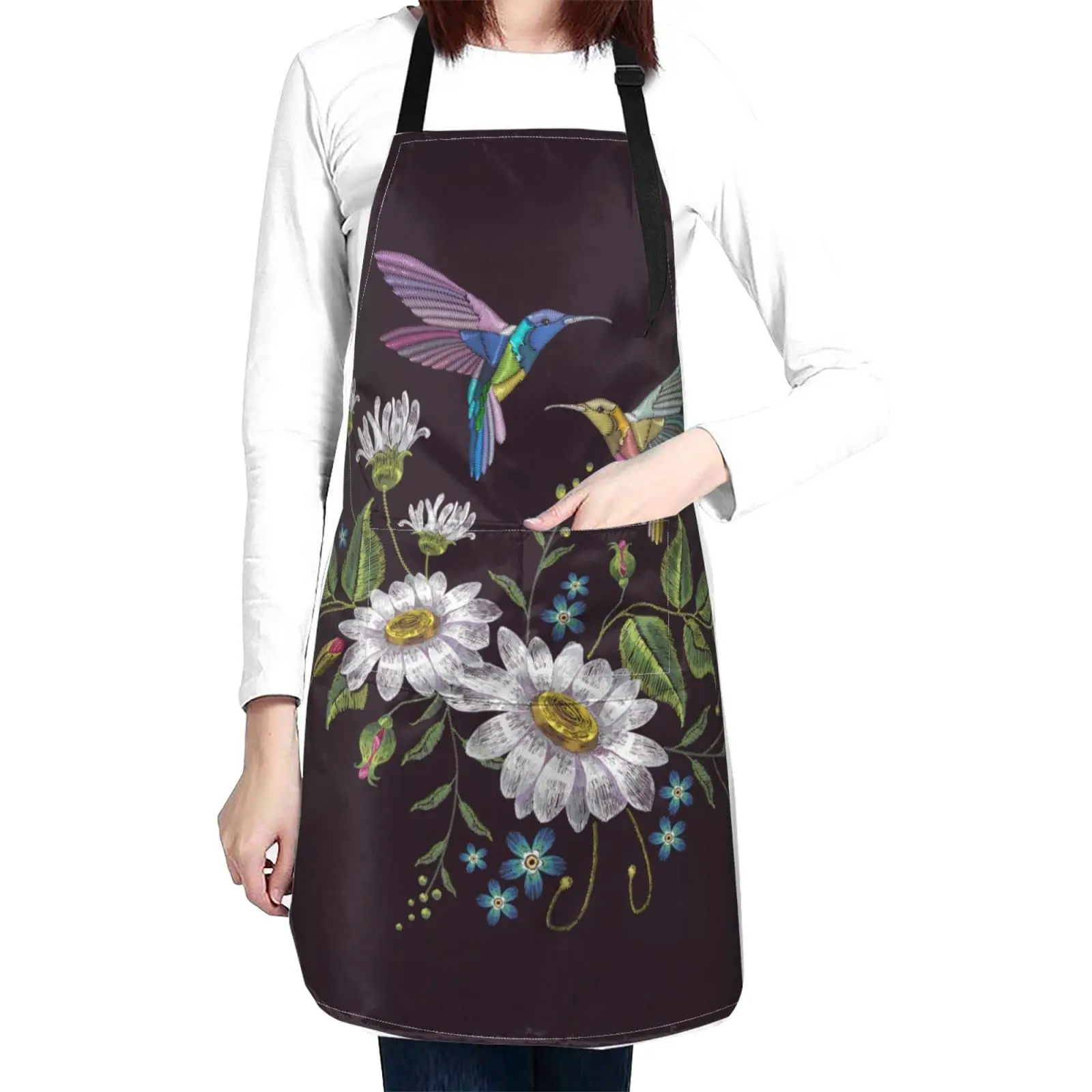 

Hummingbird Bird Flowers Waterproof Apron With 2 Pockets Kitchen Chef Aprons Bibs For Grooming Cooking Baking Painting Gardening