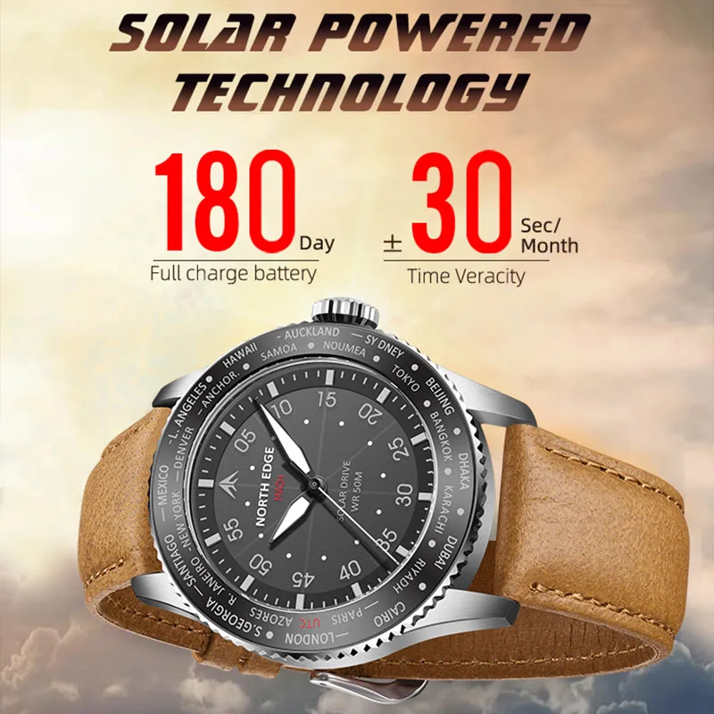 NORTH EDGE 2024 NEW MACH Solar Powered Watch For Men Waterproof 50M Men\'s Pilot Sports Casua Wristwatches reloj hombre Luminous