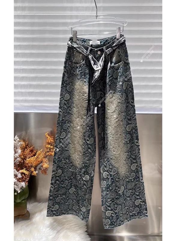 

Американские ретро-джинсы с широкими штанинами, женские, на раннюю весну, с высокой талией, стройнящие, с узором под орех, длиной в пол