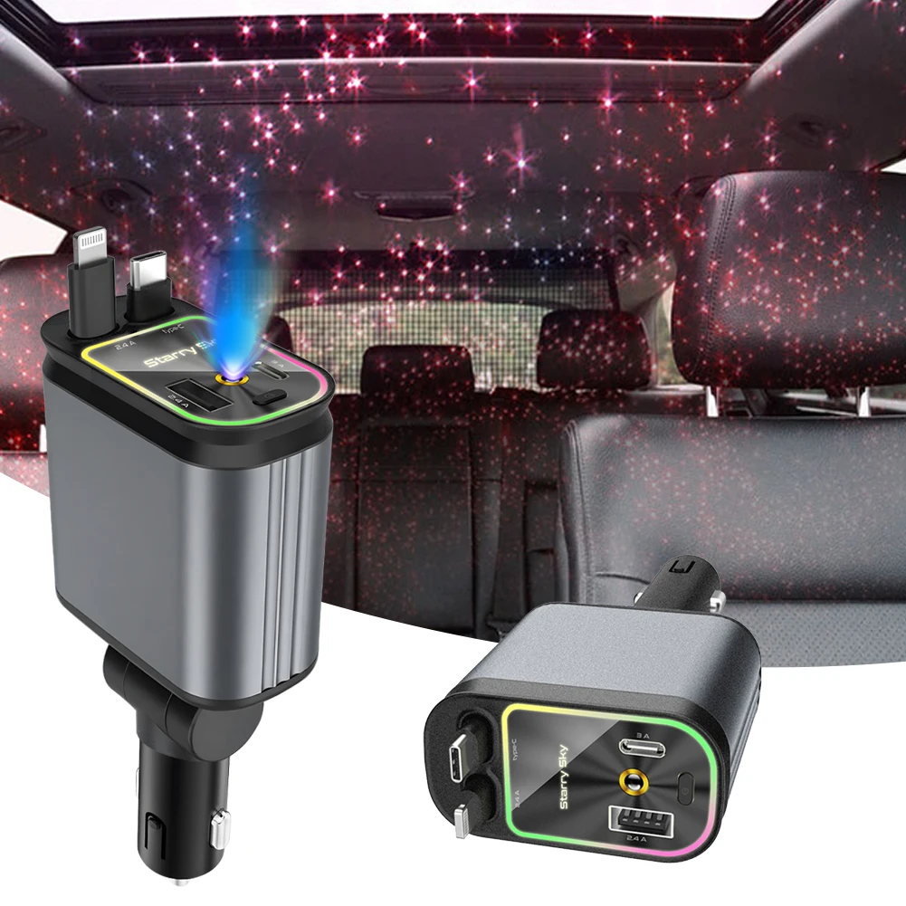 

4 in 1 Retractable Car Charger with Starlight in Car Roof, 120W Car Charger Fast Charging Adapter & Dual Charge Ports