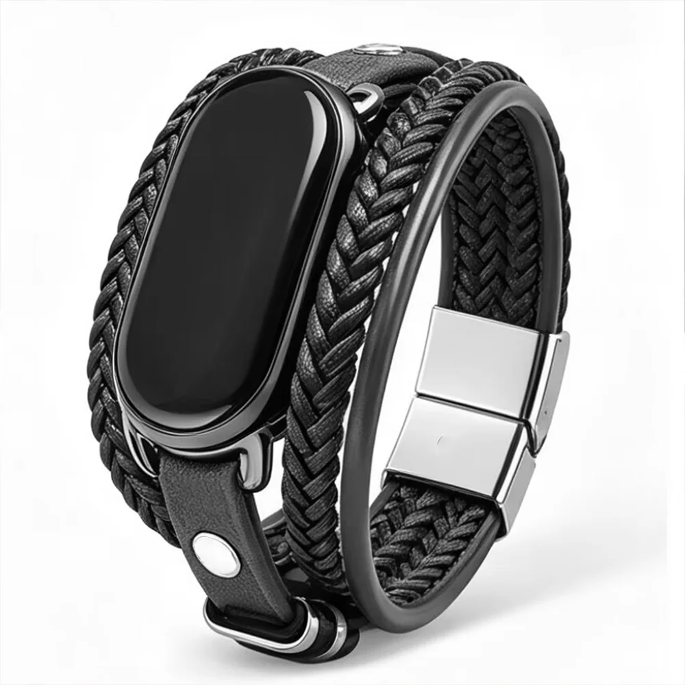 Watch strap for Xiaomi mi band 10 / 9 / 8 multi-layer woven leather rope magnetic sliding buckle fashion bracelet wristband