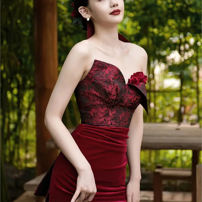 Toasting Banquet Wine Red vintage new Chinese velvet Rose Fishtail dress