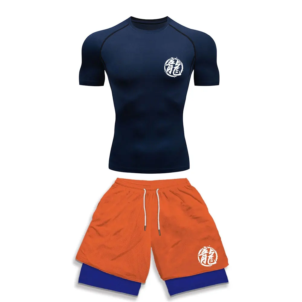 Men's Tracksuit Two Pieces Sets Anime Print Fitness Sport Suit Running T-Shirt+shorts Men's breathable Casual Sportswear