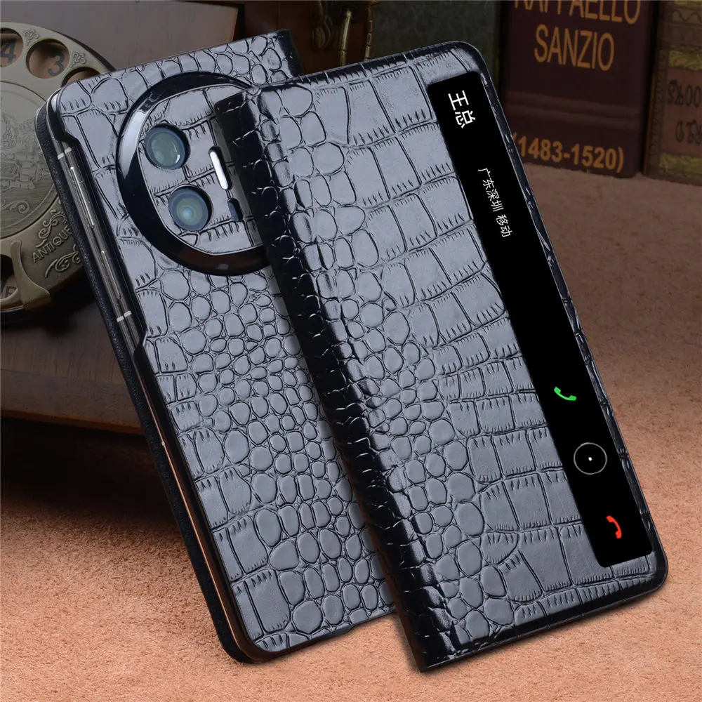 Premium Cowhide Leather Magnetic Flip Case For Huawei Mate X6 Crocodile Window View Cover