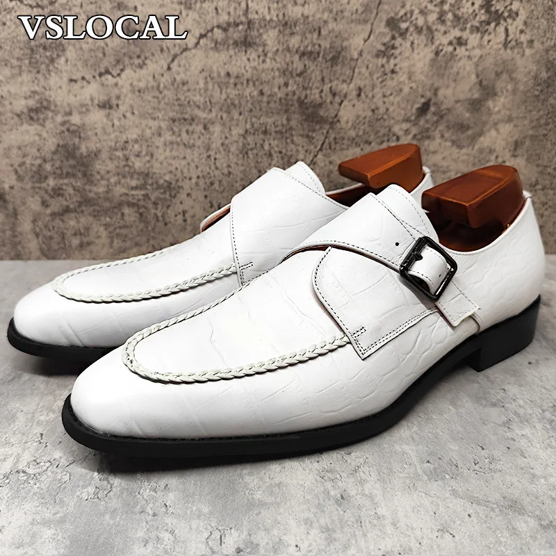

Luxury Men Leather Shoes White Black Crocodile Print Monk Strap Loafers Mens Dress Shoes Wedding Office Shoes For Men