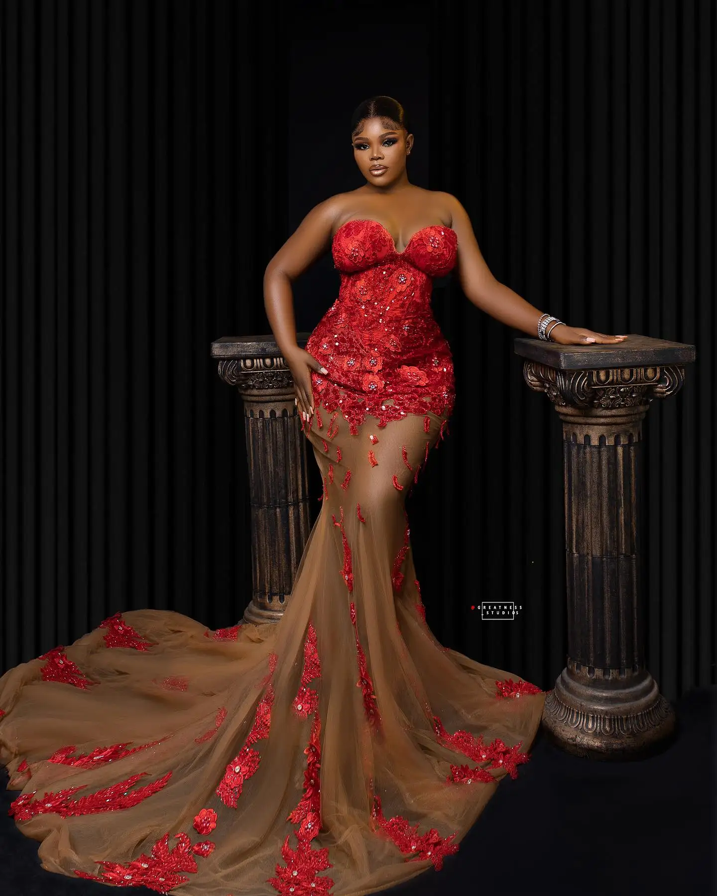 Gorgeous Red Lace Appliques Mermaid Evening Dresses Plus Size African Women Wedding Reception Dress Aso Ebi Formal Party Dresses