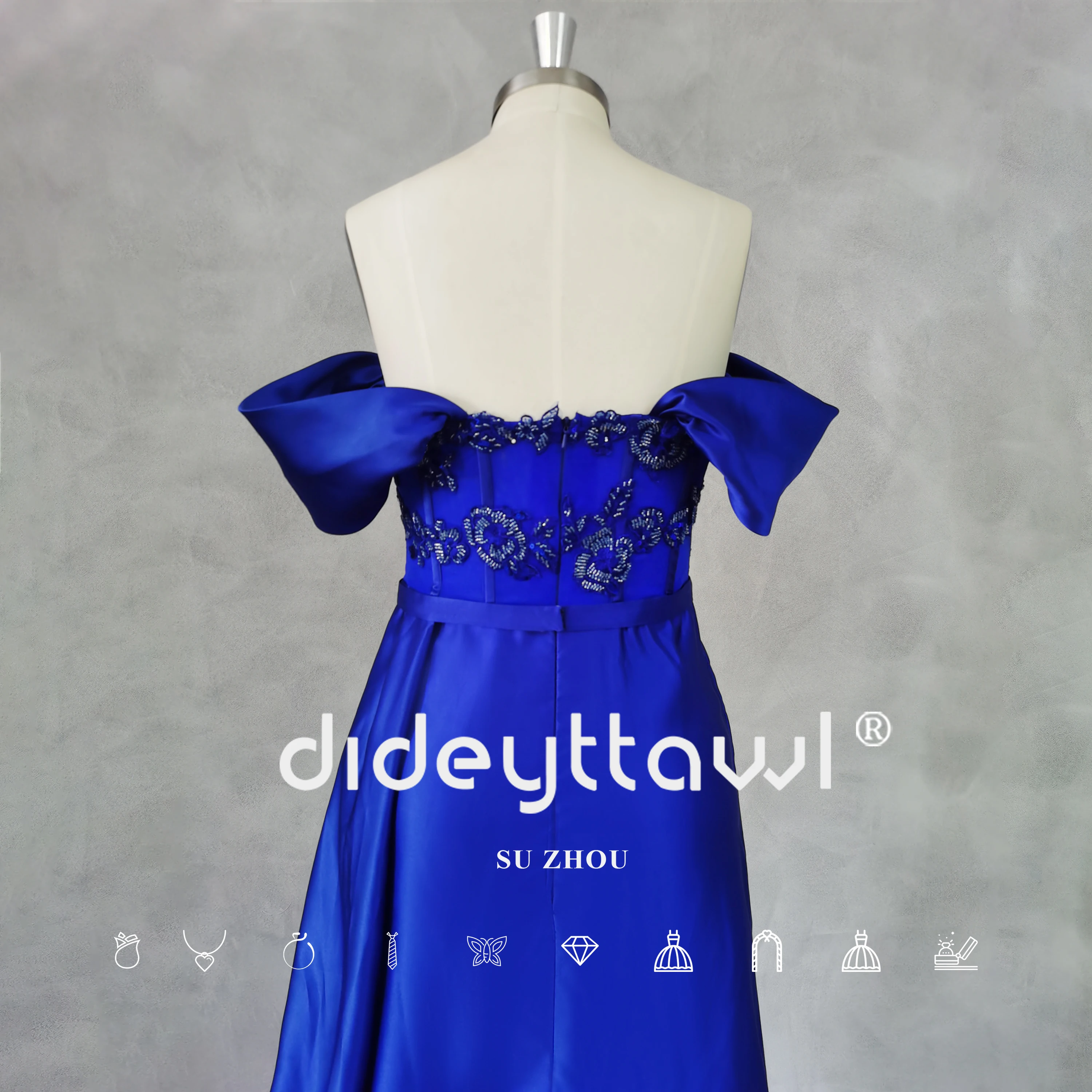 DIDEYTTAWL-vestido de fiesta de satén con hombros descubiertos, vestido fruncido de sirena con escote Corazón, apliques de abertura lateral alta, fotos reales, Azul Real