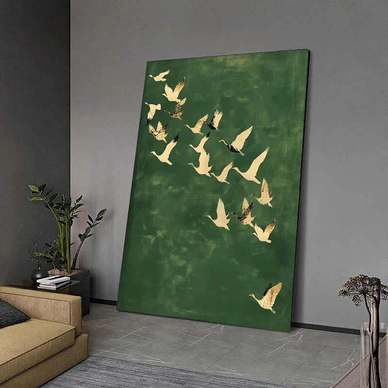 Gold Cranes Flying Birds Vintage Japanese Style Sun Moon Cloud Canvas Painting Wall Art Poster Print for Room Home Decor