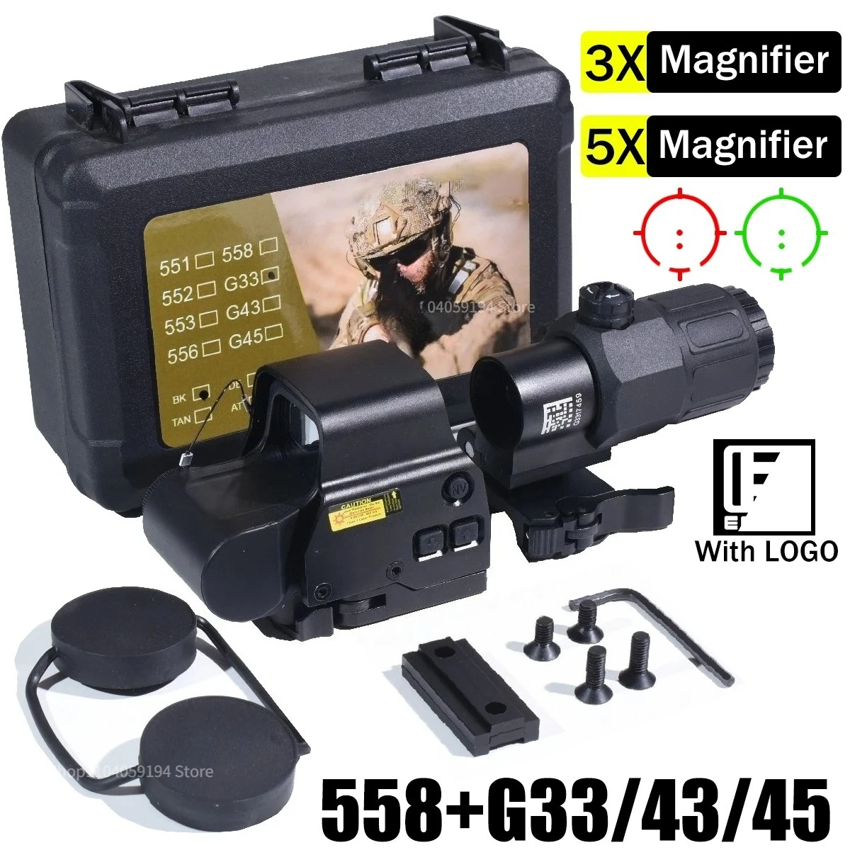 

558 Holographic Collimator Red Dot Sight Airsoft Scopes G33/G43 3X G45 5X Magnifier Hunting Gear W/20mm Rail Mount & QD Lever