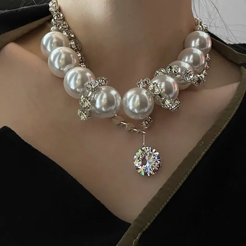 Luxury Punk Style Cubic Zirconia Beaded Necklace Exaggerated Pearl Necklaces Women\'s Delicate Jewellery Exquisite Trendy Jewelry