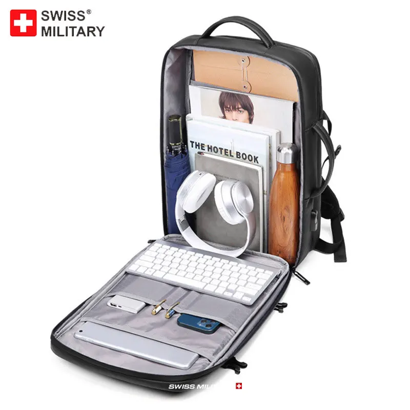 SWISS MILITARY Classic Travel Backpack Men Business Backpack School Expandable USB Bag Large Capacity Laptop Waterproof Backpack