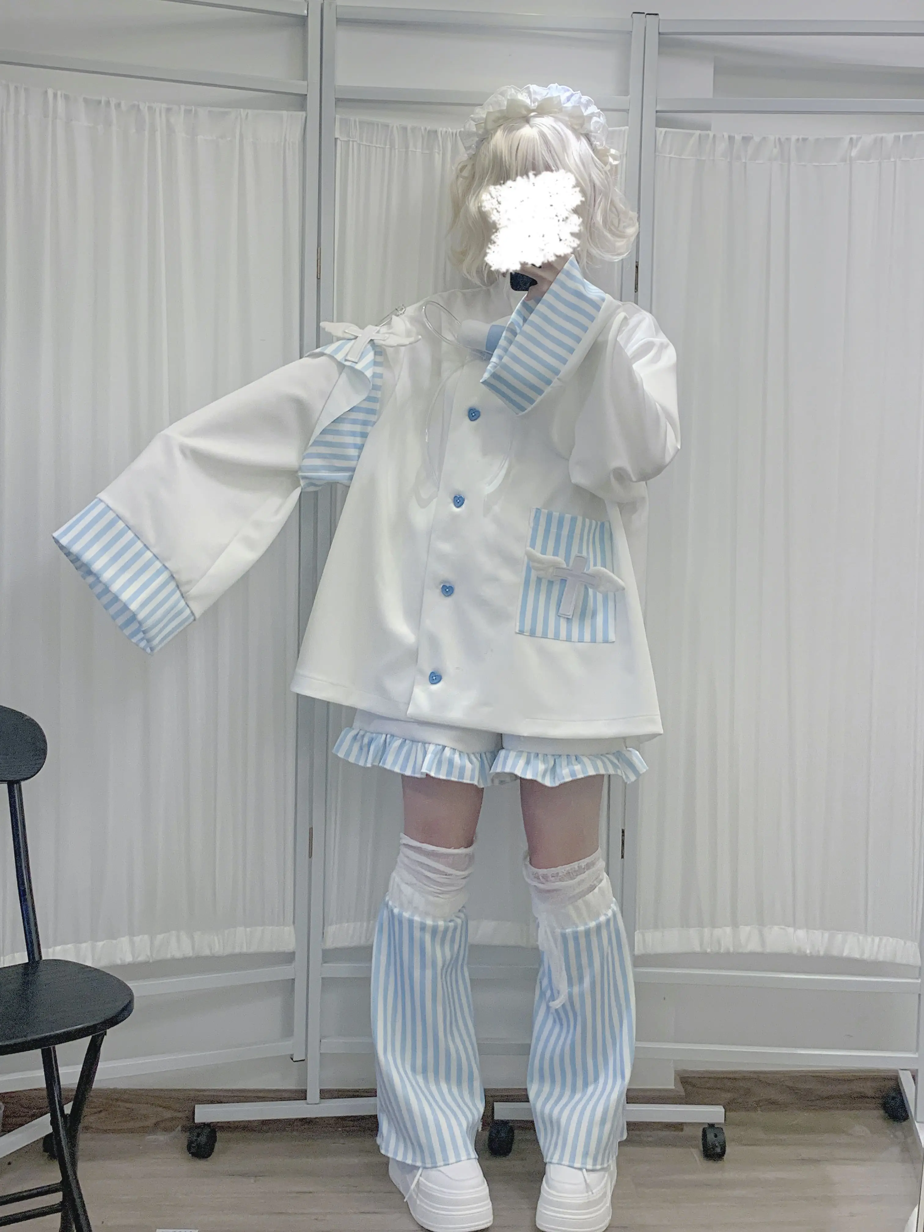 Original Mass-Produced Water Color Loose Coat with Apron Girls Y2K Asian Culture Cute Medical Angel Wings Shorts Set Outfits