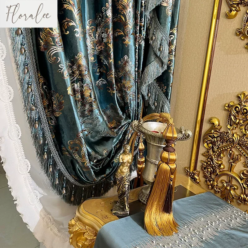 European Embroidered Baroque Blue Valance Luxury Curtains for Living Room Bedroom Tulle Villa Custom Window Decor Blackout