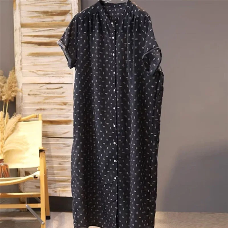 Abito camicia estiva da donna a maniche corte con stampa floreale Abiti monopetto larghi in ramia Abiti dritti casual