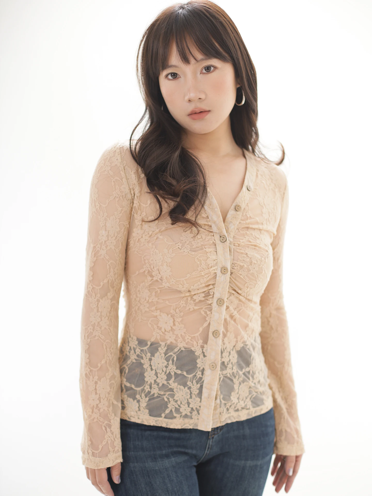 

Ohmyloli Early Spring Gentle Apricot Lace Pleated Waist V-ne Bell Sve Long Sve irt Women's Sexy Sle Polyester Fiber