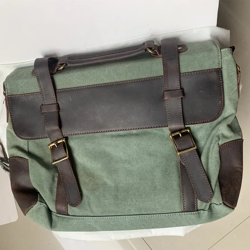 Bolsa masculina de lona com couro de vaca, bolsa mensageiro de ombro único, bolsa crossbody casual, pasta de negócios, bolsa de mão