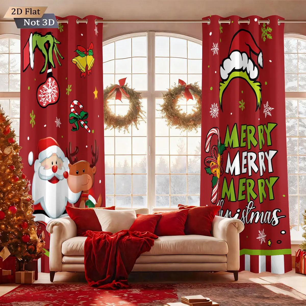 2pcs Merry Christmas, Santa Claus print, perforated blackout curtains, multi size living room insulation, holiday decoration