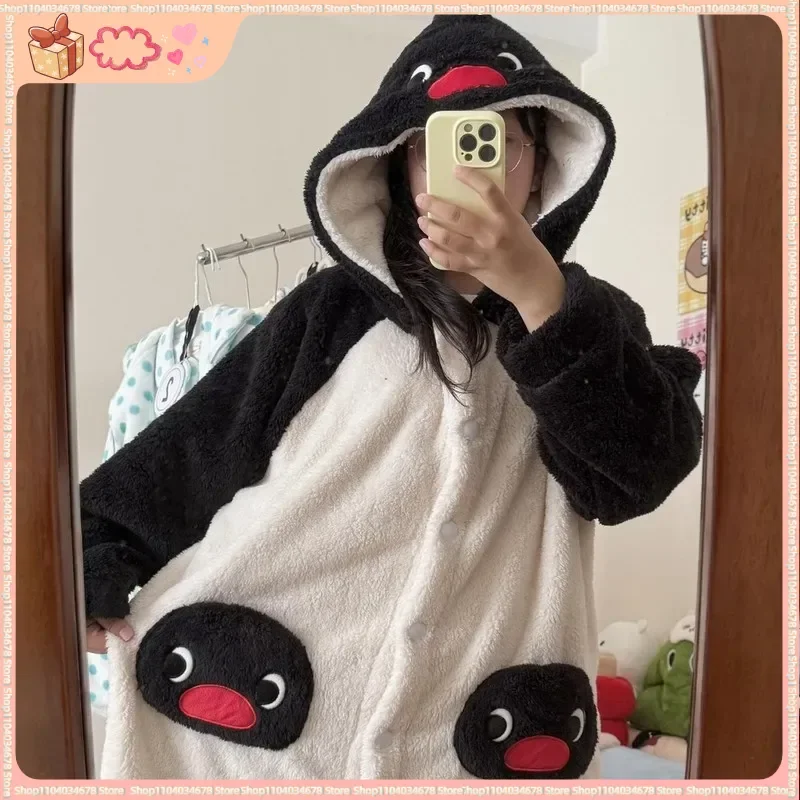 

Women's Penguin Fleece Robe - Winter Thickened Warm Long-Sleeve Hooded Plush Pajama Warm Suitable Outer Wear Festival Gift