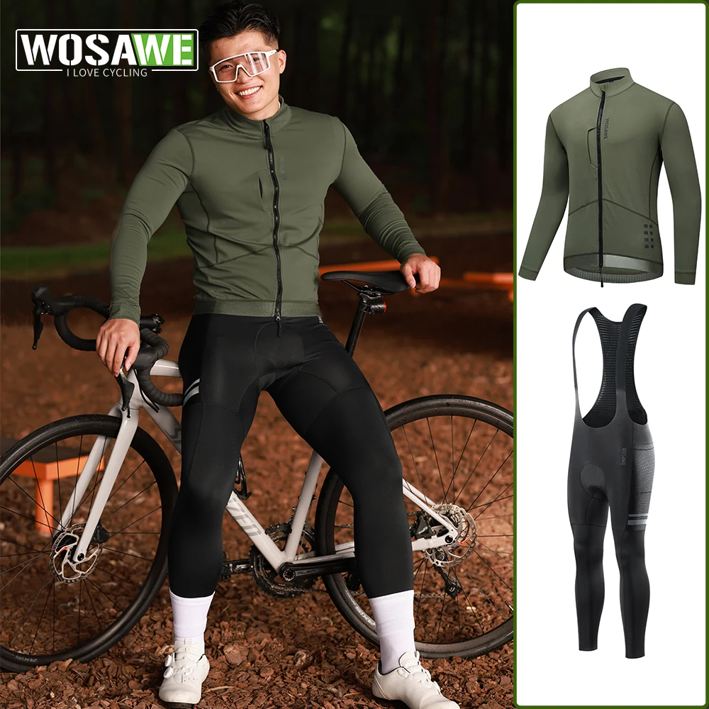 

WOSAWE Winter Cycling Jacket Men Thermal Fleece Wear Suit Mountain Bike Long Sleeve Jersey Bibs Pants Set MTB Bicycle Clothing