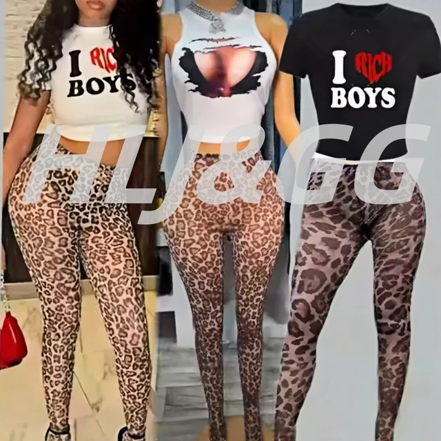 HLJ&GG Fashion Y2K Letter Printing Crop Top Dwuczęściowe zestawy damskie Okrągły dekolt Koszulki z krótkim rękawem i spodnie w panterkę Stroje 2025