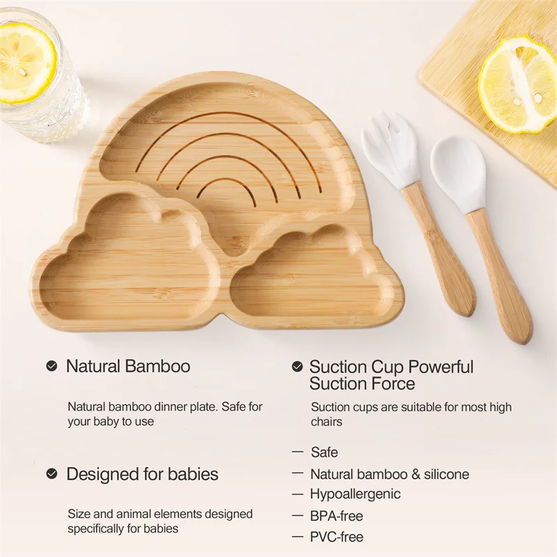 Baby Wooden Tableware Set Wooden Handle Fork Spoon Could Bamboo Wooden Plate Bowl Silicone Suction for Children Feeding Supplies