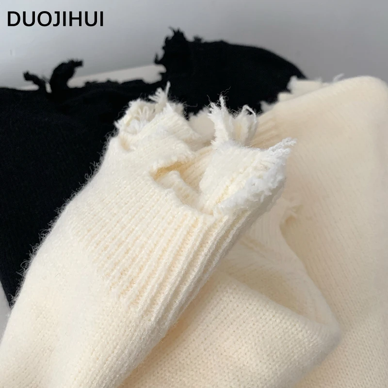 DUOJIHUI Black Casual Loose Simple Female Pullover American Vintage Knitting Solid Color Fashion Sweater Women Pullover Apricot