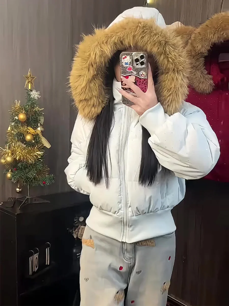 

Korean Sle ort Puffer Jaet Women's Thiened Warm White Du down Coat Real Fur Collar Waist-Cinching Winter Outerwear