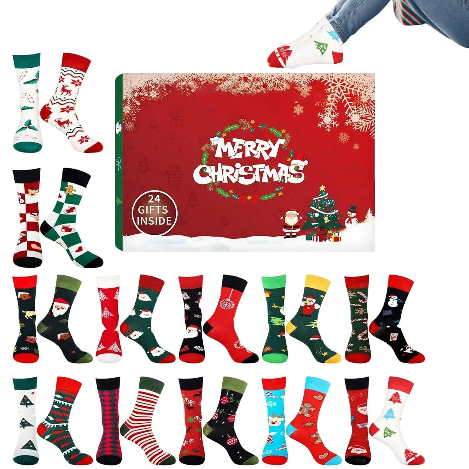 Socken Adventskalender für Erwachsene Männer Frauen, 12 Paar Weihnachts-Crew-Socken, lustige Socken, Countdown bis zu 2025, Weihnachten, 24 Tage