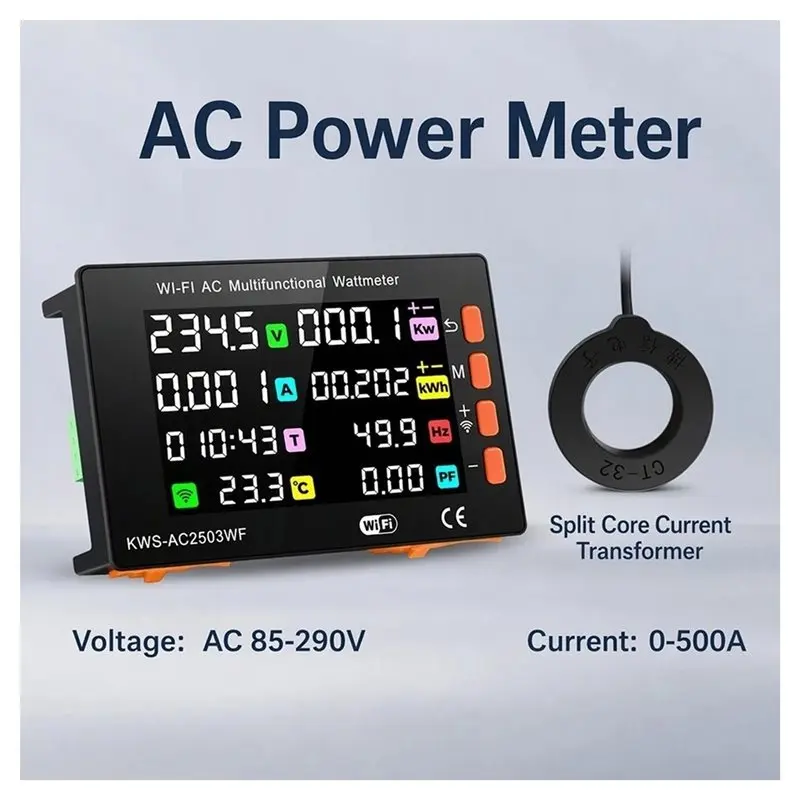 ABLU-KWS-AC2503WF AC 85-290V Voltmeter Ammeter Wattmeter Power Meter Module WI-FI Enabled Function 0-500A
