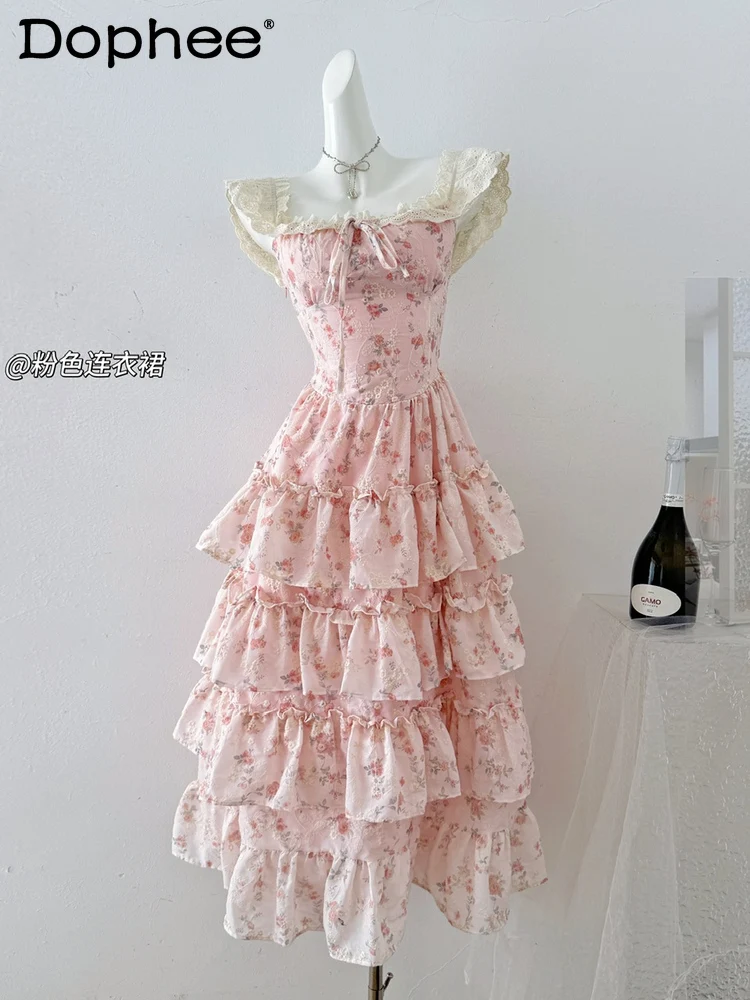 

Sweet Girl Japanese Original Small Flutter Sleeve Gentle Floral Dress Square Neck Lace Trim Waist Cinching Princess Long Dress