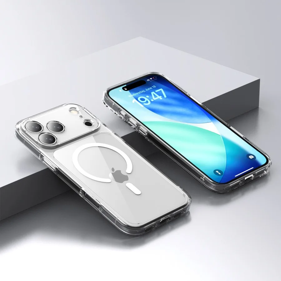 حافظة فاخرة مغناطيسية أصلية شفافة لهاتف Magsafe لهاتف آيفون 17 16 15 14 13 12 11 Pro Max Funda غطاء مقاوم للصدمات للشحن اللاسلكي